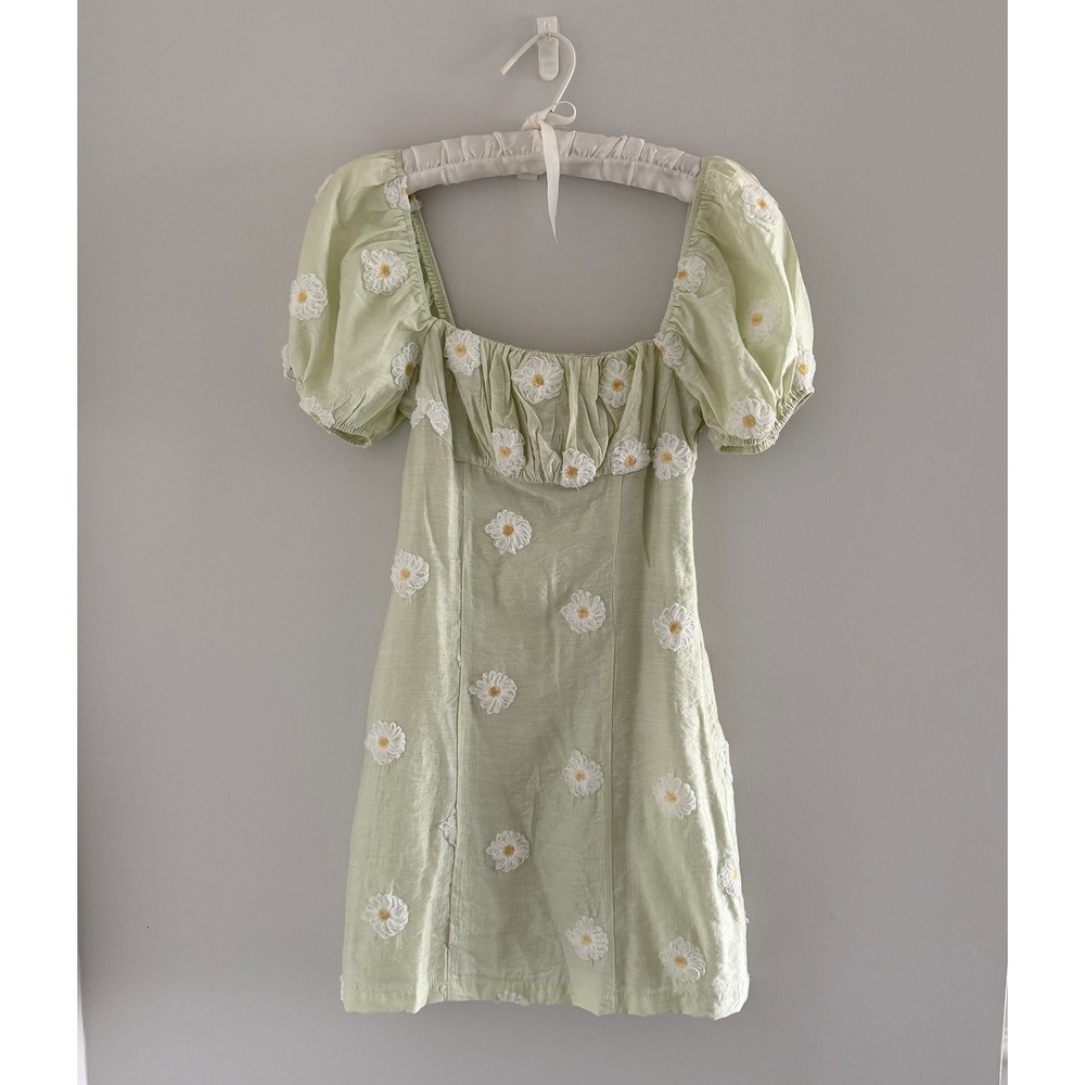 Audrey Parks Francesca's Green Daisy Puff Sleeve Mini Dress XS Coquette Milkmaid